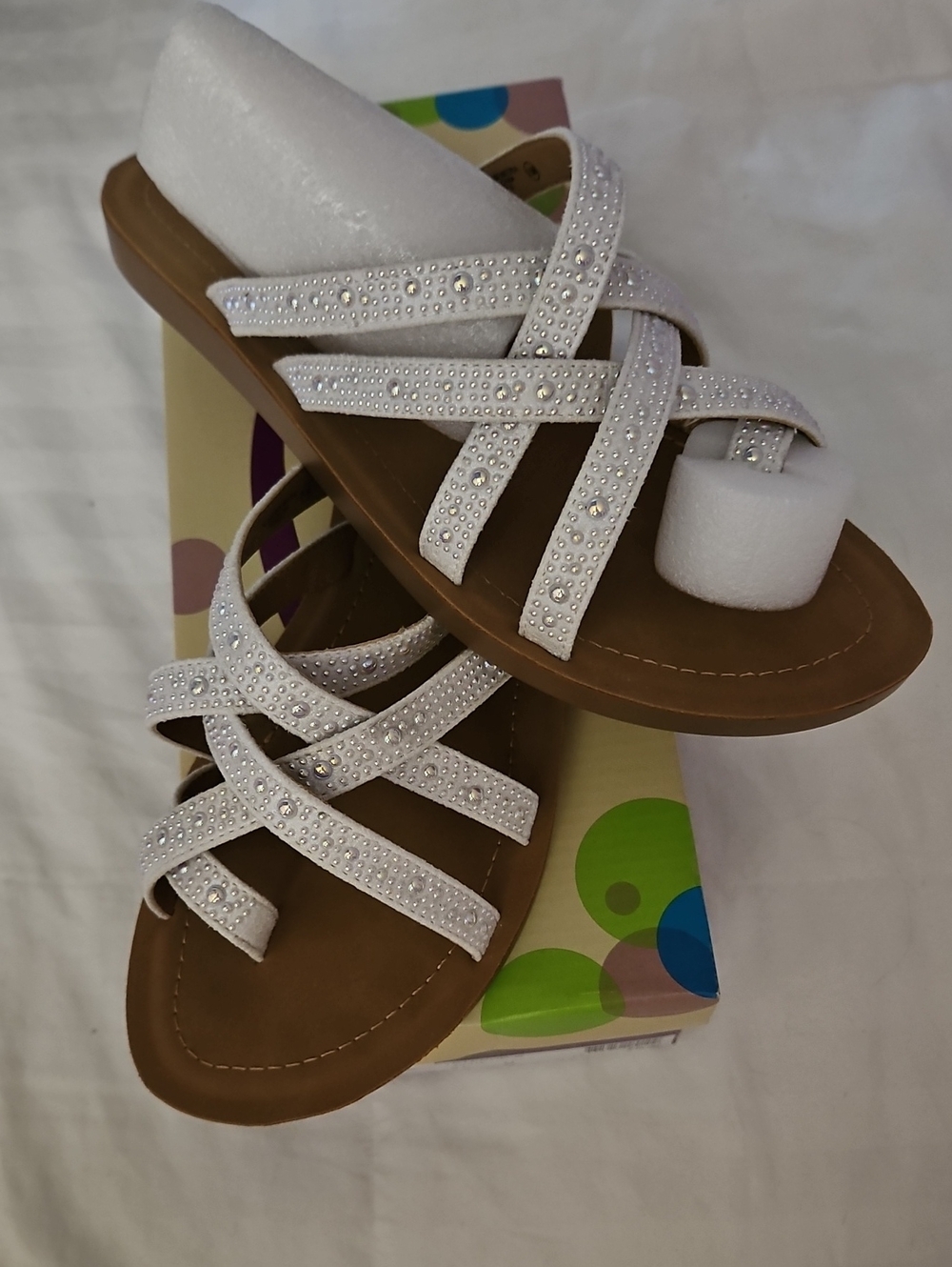 Soda White Rhinestone Crisscross Slide Sandals